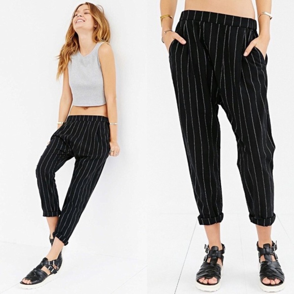 NEW Urban Outfitters BDG Porter Harem Pants L 100% Linen Black‎ Pinstripe Grunge
